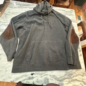 Polo Ralph Lauren Grey Wool hooded sweater with brown suede elbow patches